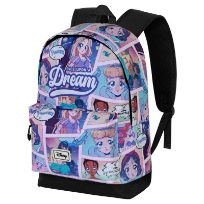Mochila cor-de-rosa com estampado de princesas da Disney e texto