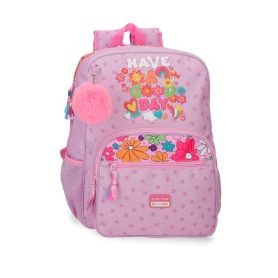 Mochila rosa detalhada com flores coloridas e chaveiro pompom