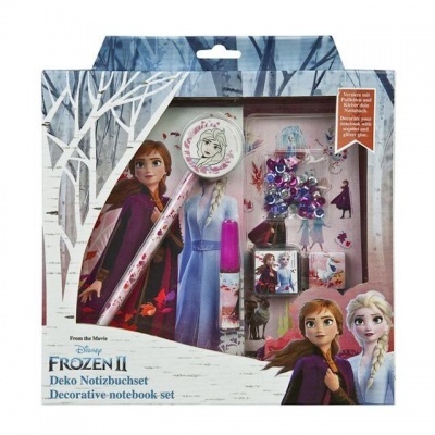 Conjunto decorativo Frozen II com caderno, pincel e glitter