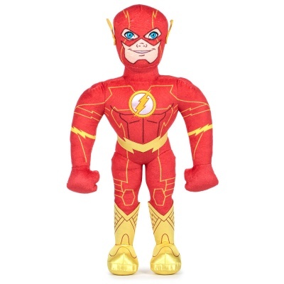 Boneco de pelúcia vermelho do personagem The Flash com detalhes amarelos e olhos azuis