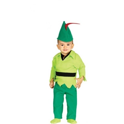 Criança vestida com fantasia de duende verde com chapéu e cinto preto