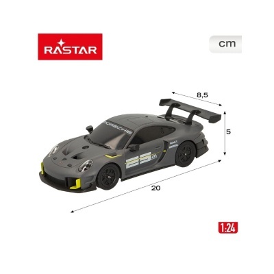 Modelo carro Porsche cinza fosco, escala 1:24, com dimensões e logo Rastar