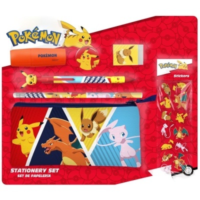 Conjunto de papelaria Pokémon com personagens Pikachu, Eevee, Charizard e Mew em estojo e acessórios coloridos