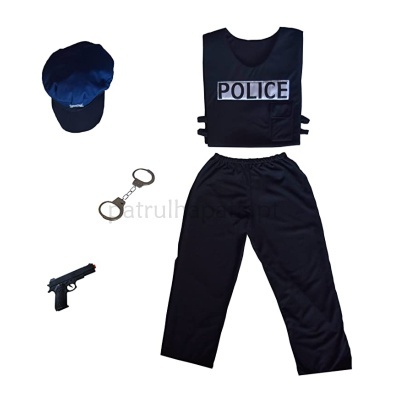 Uniforme policial com colete, calças, boné, algemas e pistola de brinquedo