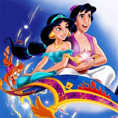 Personagens animados em tapete voador colorido com lâmpada mágica