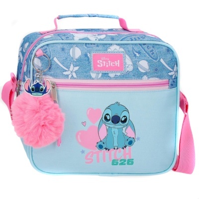 Mala azul com imagem de Stitch e chaveiro rosa felpudo