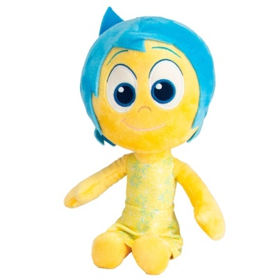 Boneco de pelúcia amarelo com cabelo azul e padrão floral