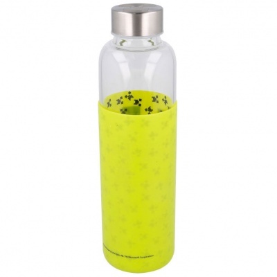 Garrafa de vidro com tampa metalica e capa amarela com cruzes pretas