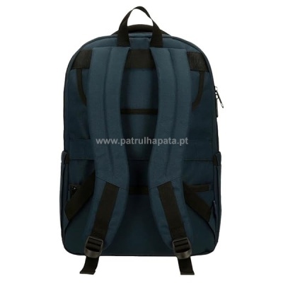 Mochila azul escura vista de trás com alças pretas almofadadas ajustáveis