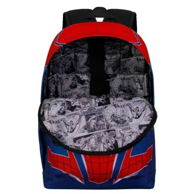 Mochila infantil Spider-Man com padrão colorido e interior ilustrado