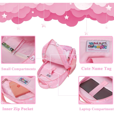 Mochila rosa com bolsos e etiqueta para nome