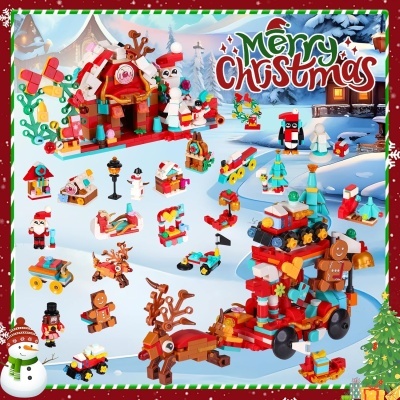 Conjunto de brinquedos de Natal em blocos coloridos com figuras como trenó, rena, bonecos e casas