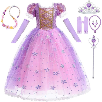 Vestido princesa rosa e roxo com acessórios lilás e tiara de flores