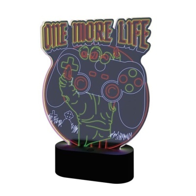 Luz LED decorativa com comando de videojogos e texto 'ONE MORE LIFE' em luz neón