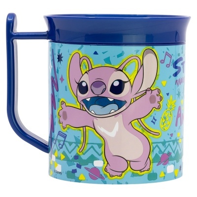 Caneca azul com personagem Stitch e decoração colorida