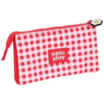 Estojo xadrez vermelho e branco com etiqueta Hello Kitty e puxador de fecho flor