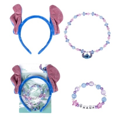 Conjunto Disney com orelhas azuis e rosa, colar e pulseira com contas coloridas e letras OHANA