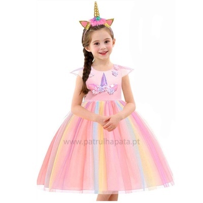 Vestido infantil colorido com saia ampla e tiara de unicórnio
