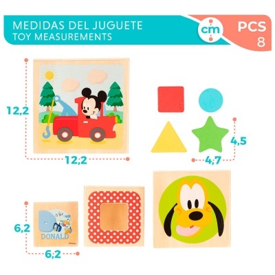 Peças de brinquedo de madeira com figuras do Mickey e Pluto, formas coloridas e dimensões em cm