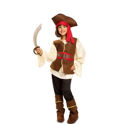 Fato de pirata para criança com colete castanho, calças pretas, lenço vermelho e chapéu castanho