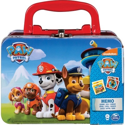 Mala metálica azul e vermelha com personagens animados da Paw Patrol