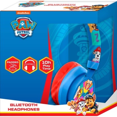Caixa de headphones Bluetooth Paw Patrol, azuis e vermelhos com personagens impressos.