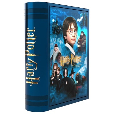 Box de coleção de filmes Harry Potter azul com personagens na capa