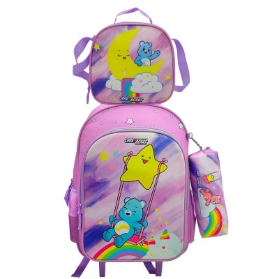 Mochila com desenho dos Care Bears e bolsa de ombro lilás e rosa