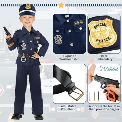 Fantasia de polícia azul para criança com acessórios e brinquedo de pistola
