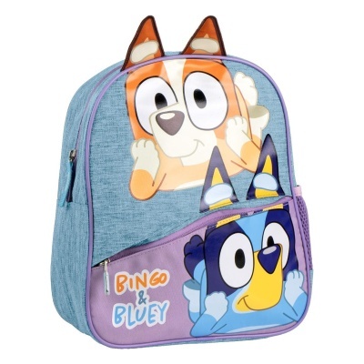 Mochila infantil azul e lilás com personagens Benny e Azul e texto BINGO & BLUEY