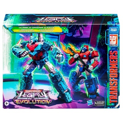 Caixa do conjunto Transformers Legacy Evolution com duas figuras robóticas coloridas