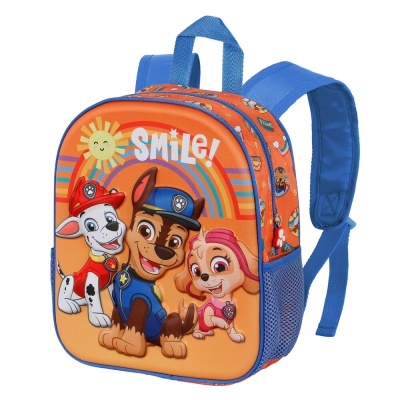 Mochila infantil laranja e azul com personagens da Patrulha Pata e texto SMILE!
