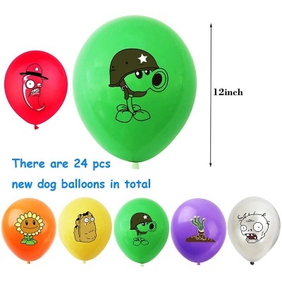 Balões coloridos com personagens desenhados e texto em inglês.