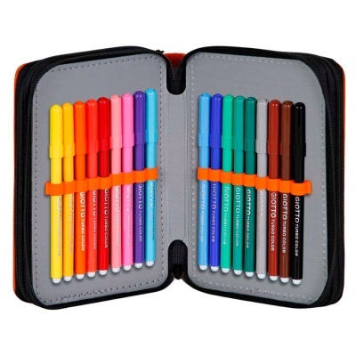 Estojo aberto com 18 canetas de feltro coloridas alinhadas em duas filas