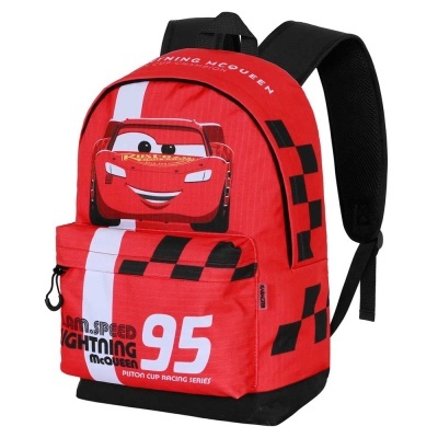 Mochila vermelha com desenho de Lightning McQueen e faixas brancas e pretas
