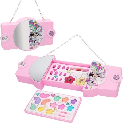 Estojo de maquilhagem infantil cor-de-rosa com espelho e decorações coloridas