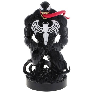 Figura de Venom preto com padrão branco e língua vermelha numa base preta.