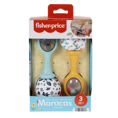 Conjunto de maracas Fisher-Price em embalagem com texto e cores variadas