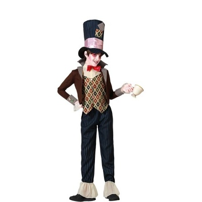 Fato infantil de festa com casaco castanho, colete colorido, calças às riscas e chapéu alto com chávena