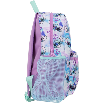Mochila infantil lilás com padrão do Stitch, bolso frontal e bolso lateral em rede