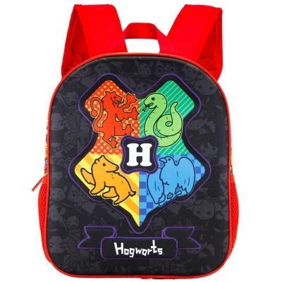 Mochila preta com símbolos coloridos das casas de Hogwarts e alças vermelhas