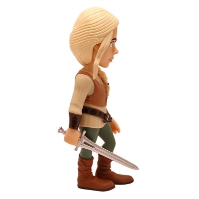 Figura colecionável de personagem com espada, roupa medieval e cabelo loiro