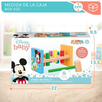 Brinquedo Disney Baby jogo martelo em madeira colorida em embalagem com fundo claro.