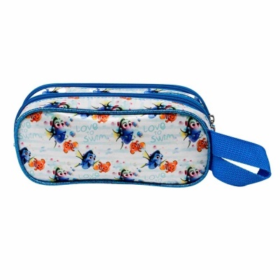 Estojo escolar azul com personagens de desenhos animados e texto Love Swim