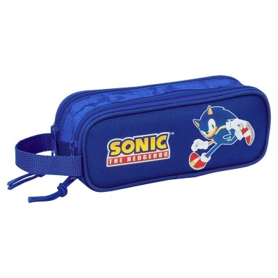 Estojo azul com estampa do Sonic e texto SONIC THE HEDGEHOG