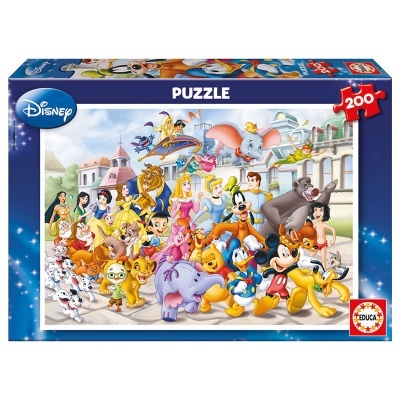 Caixa de puzzle Disney 200 peças com personagens animados coloridos