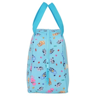 Mala azul clara com desenhos animados de cães e alças azuis