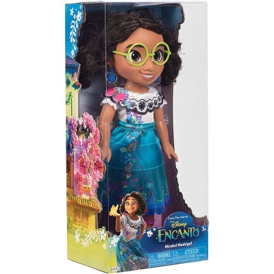 Boneca Mirabel Madrigal da Disney Encanto com vestido azul e óculos verdes na embalagem