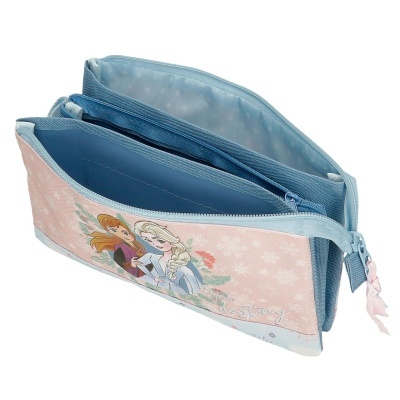 Estojo escolar azul e rosa com personagens Anna e Elsa de Frozen