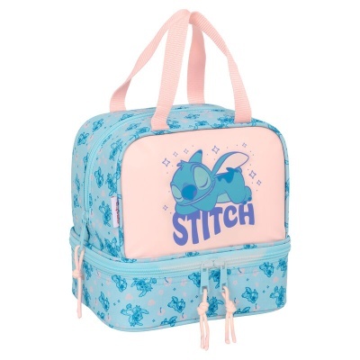 Mala térmica azul e rosa com personagem Stitch estampado e alças cor de rosa